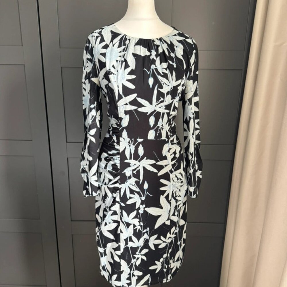 Whistles silk black blue leaf print ruched wiggle dress 10 8